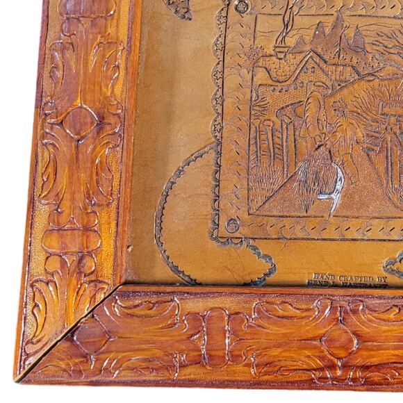 Gene L. Hartranft Handcrafted Leather Tooling Framed Folk Art Farmscape 13x11 - Picture 8 of 8